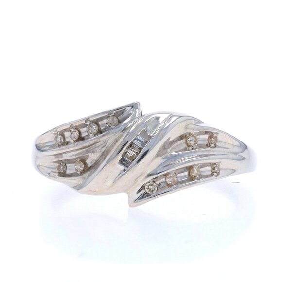 White Gold Diamond Cluster Bypass Ring - 10k Single Cut & Baguette .10ctw